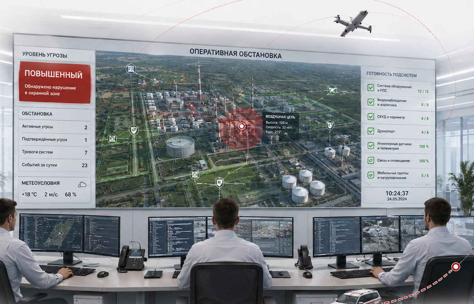 Операторы единого центра управления перед экраном оперативной обстановки объекта